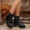 Fashion Block Heel Single Boots Autumn New Round Toe Lace-Up Front Metal Belt Buckle Platform Non-Slip Mid-Tube Boots
