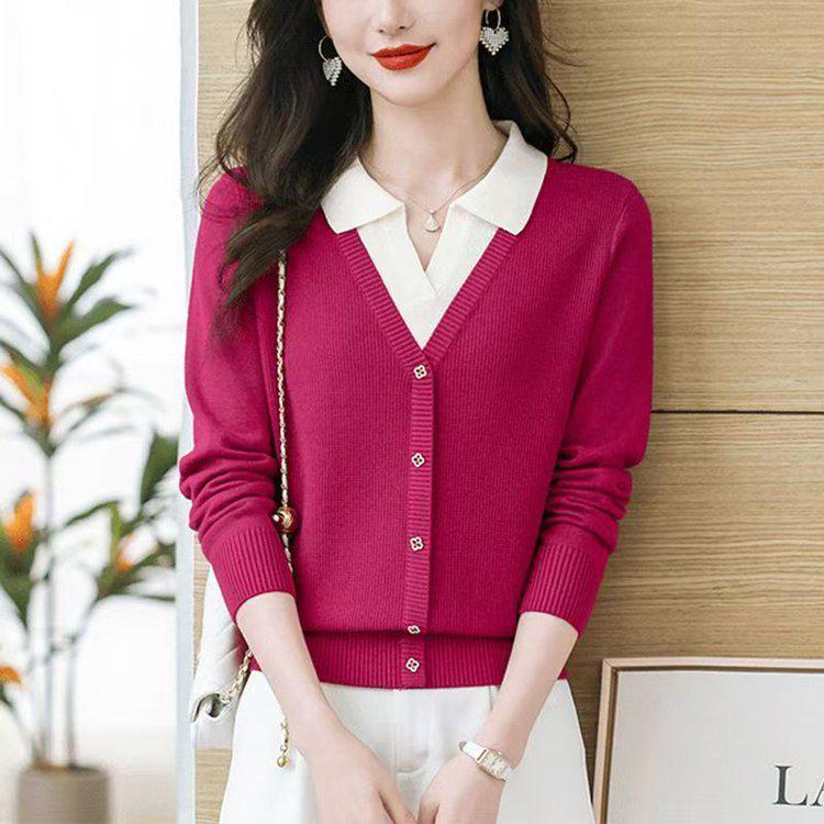 2025 Autumn/Winter Korean Style Sweater: Women's Lapel Fake Two-Piece Top