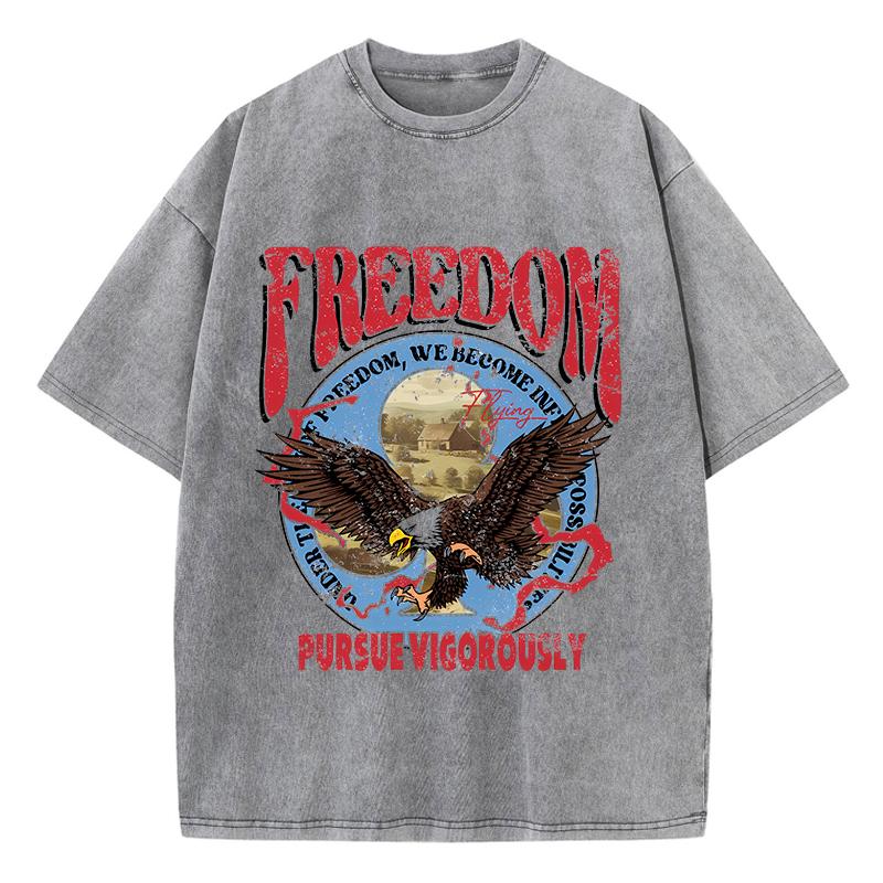Street Women Washed T-Shirts Freedom Pursue Vigorously Printed Tee Shirts Comfortable Cotton Oversize Tees Summer Clothes