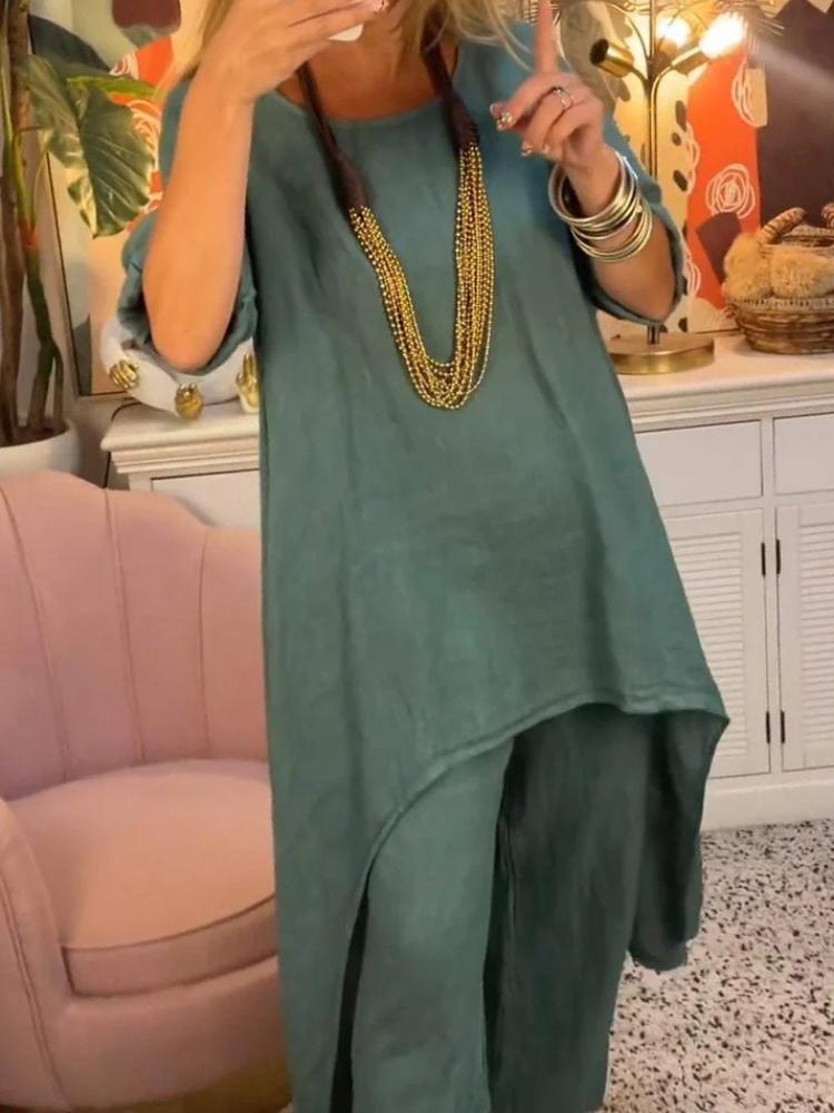 Damen Asymmetrischer Saum Lockeres Oberteil und Weitbeinige Hose Set in Mehreren Farben