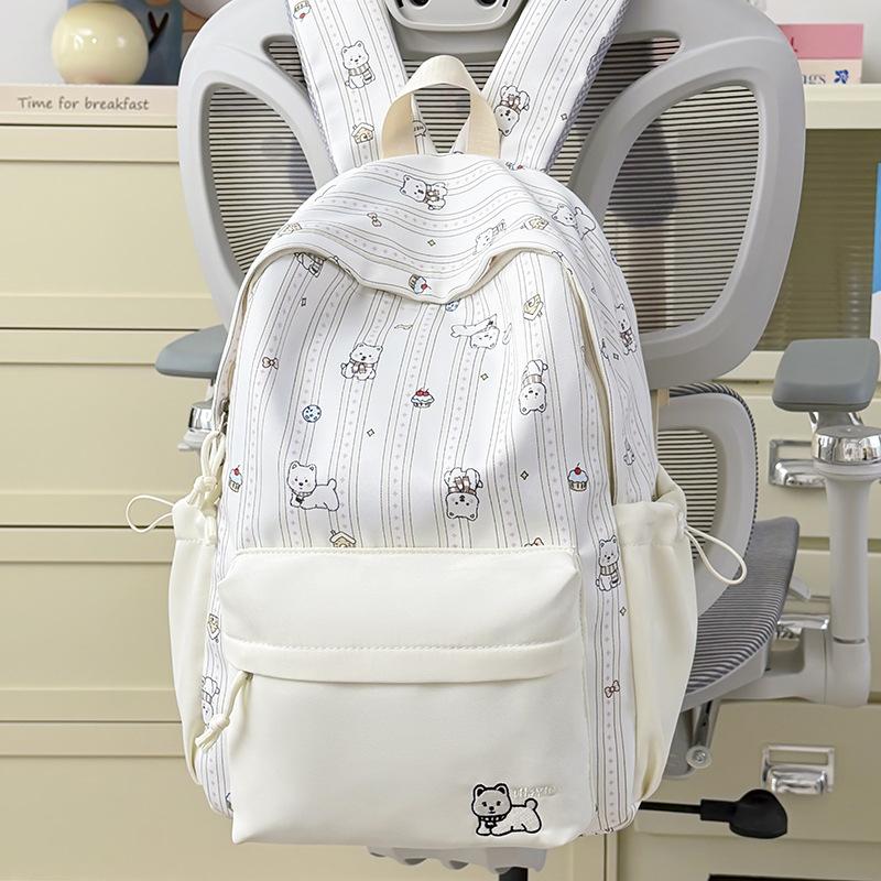 Schoolbag Female Japanese Small Fresh Sweet Printed Bear Striped Backpack Junior High School Student Lightweight Large Capacity Backpack