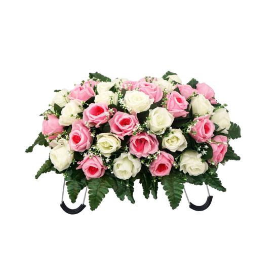 

Artificial Cemetery Headstone Flower Saddle 34-Head Realistic UV-Resistant Fake Silk Rose Outdoor Tombstone Memorial рожевий/білий