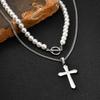 Stainless Steel Four-Pointed Star Cross Necklace with Diamond and Pearl Inlays - PN-2238