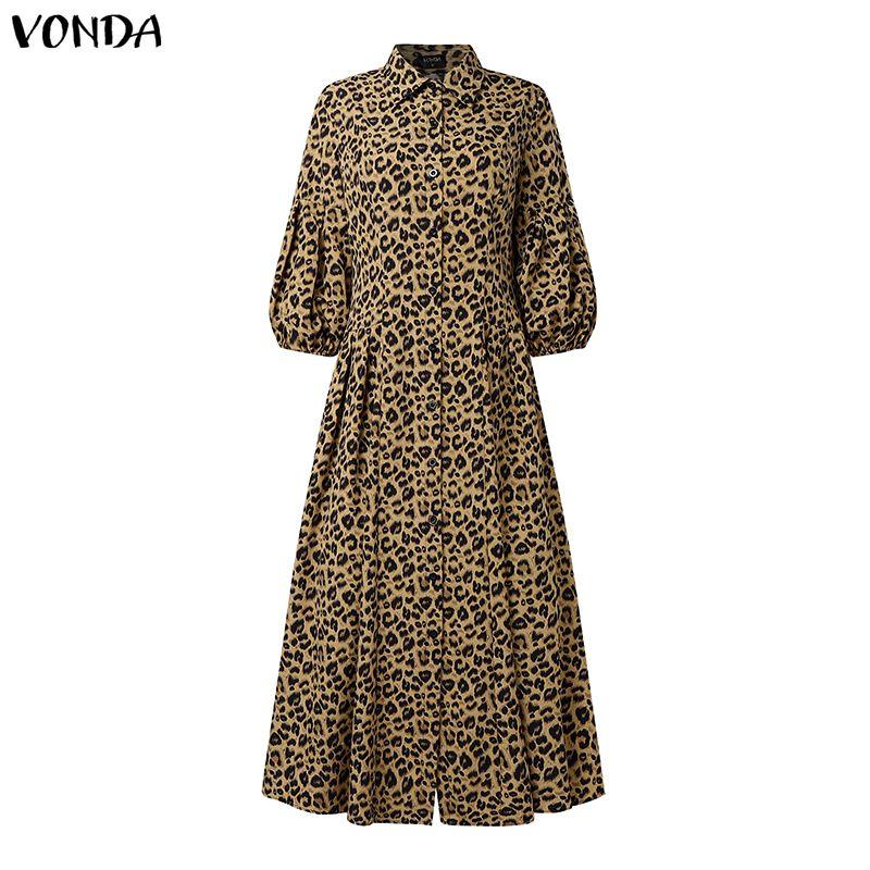 

VONDA Винтажное женское платье с пышными рукавами, леопардовым принтом и застежкой на пуговицы, длинное плиссированное платье 5XL хаки