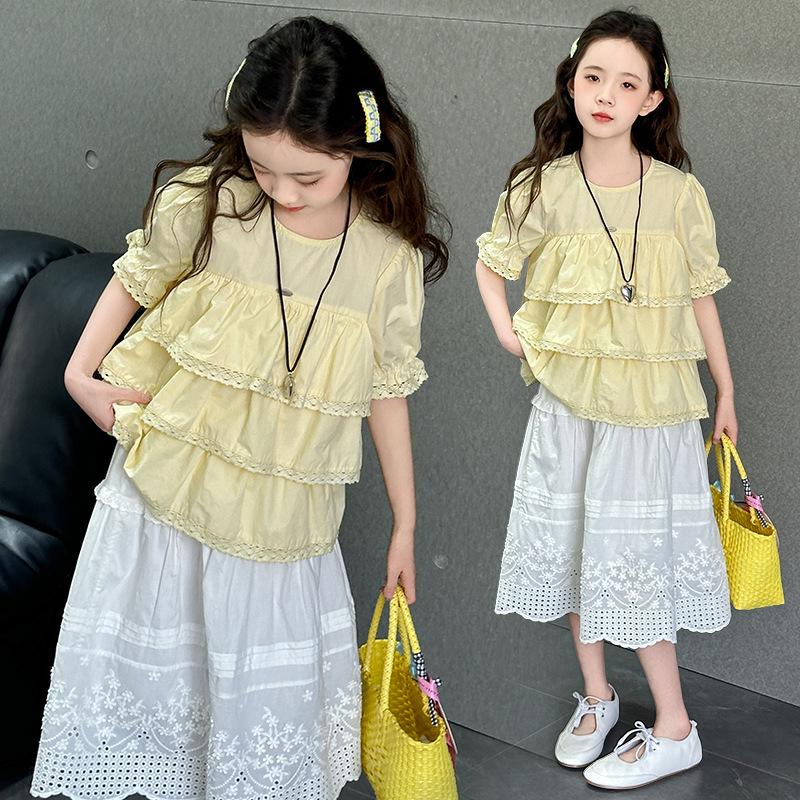 

Girls Summer 2025 Short-Sleeve Lace Babydoll Skirt Set 130 cm