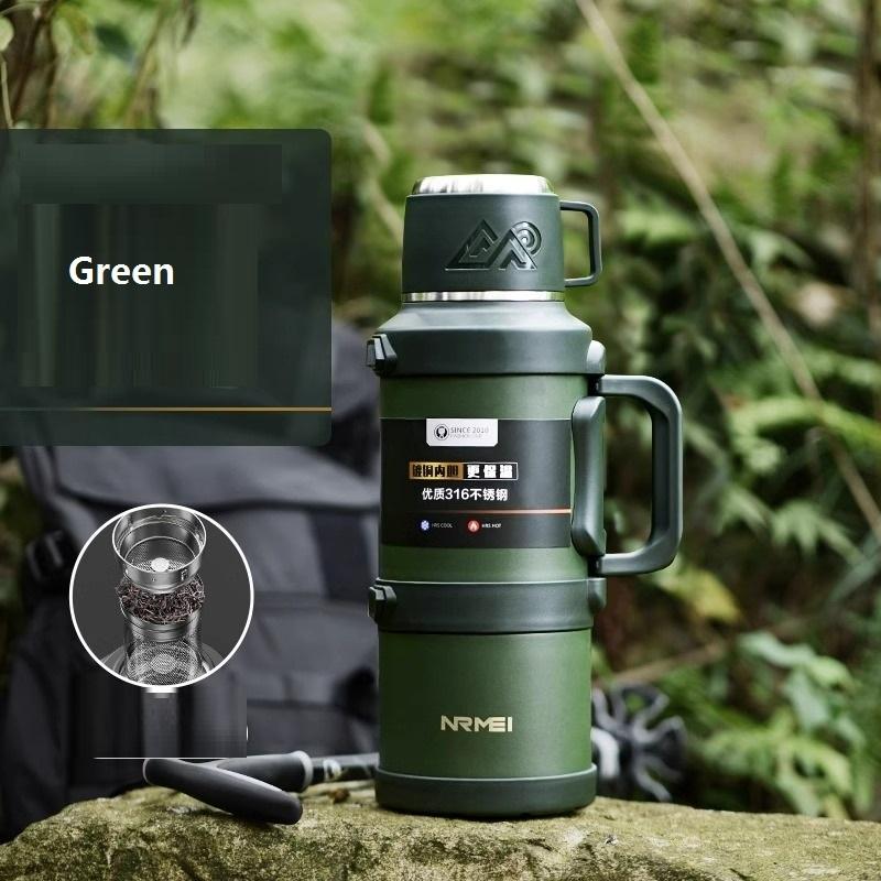

Термос для воды из нержавеющей стали с ручкой, портативный термос для использования на открытом воздухе, большой емкости, сохраняет тепло и холод, 72H, 316 1.7L зелёный