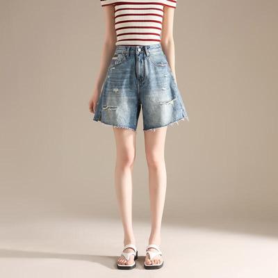 RAIN.CUN Women's High-Waist Ripped Denim Bermuda Shorts