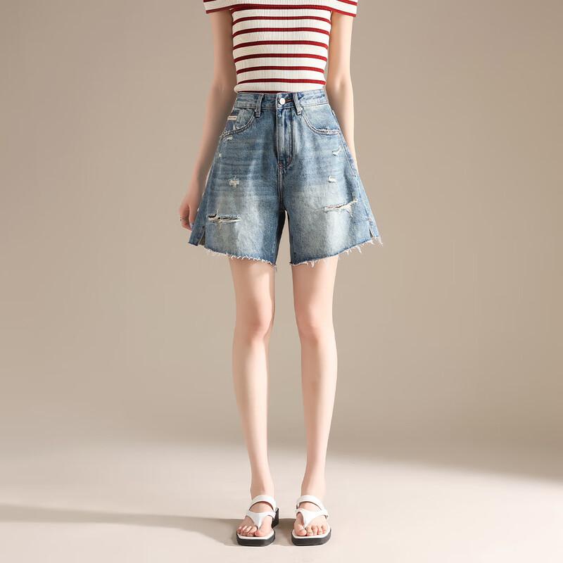 

RAIN.CUN Women s Ripped High-Waist Thin Straight-Leg Denim Bermuda Shorts 28