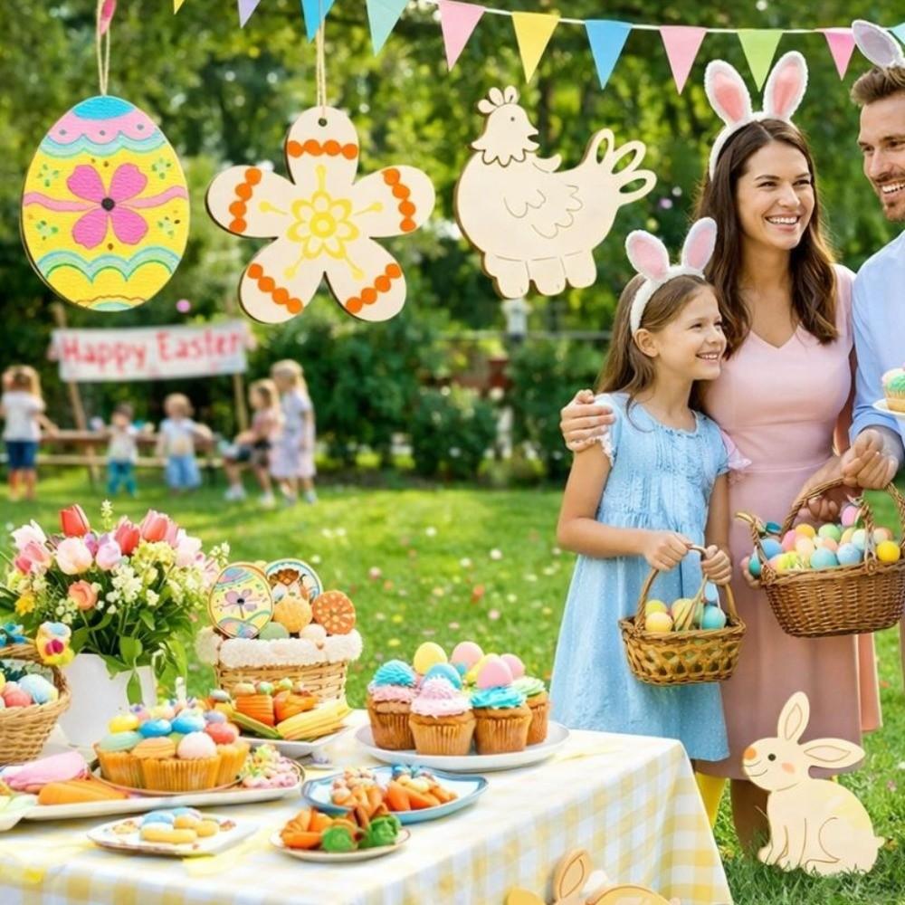 8 Pieces Blank Wooden Easter Egg Graffiti Painting Butterfly Flowers Rabbit Wood Slices Decor Handicrafts Unfinished