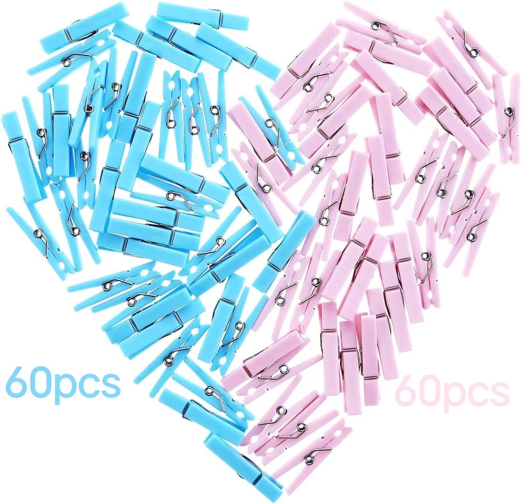 120Pcs Blue and Pink Gender Reveal Clothespins Baby Shower Clothes Pins Plastic Small Clips with Jute Twine for Party Favors