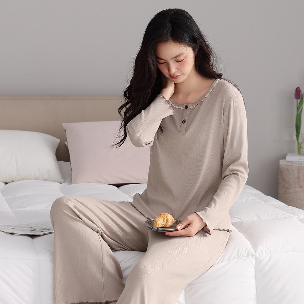 New Women's Grey Casual Modal Pajama Set - Long Sleeve Pullover with Chest Pads and Long Pants for Spring and Autumn