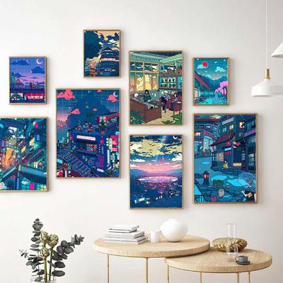 Žhavý plakát Seerlight Anime Plakát Noční město Dekorace Art Decor Obraz Domácí Dekor Kawaii Pokoj Dekor Plátno Plakát