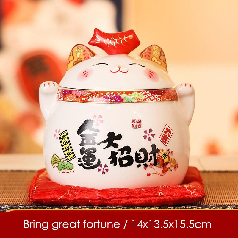 6 Inch Ceramic Maneki Neko Ornament Home Decoration Lucky Cat Figure Tabletop Candy Dish Cookie Canister Koi Fish Lid