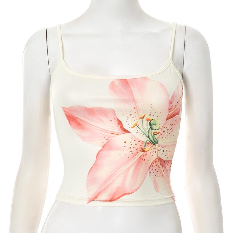 J25TP148 Женская облегающая майка с цветочным принтом - Сексуальный летний стиль Small абрикосовый