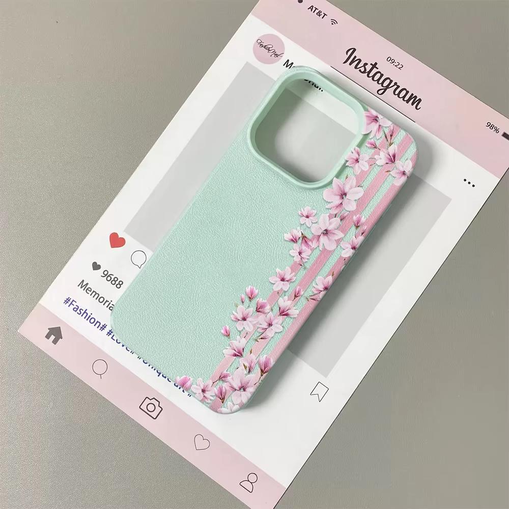 

Phone Case For iPhone 17 Pro Max 16 Plus 15 Pro 14 13 12 11 XR 17Air Pink Cherry Blossom Floral Pattern Lychee Textur Soft Cover iPhone XS Max зелёный