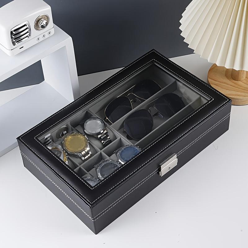 Elegant Faux Leather Watch and Glasses Organizer Box with Mirro Display Case Fashion Glasses Storage Box with Lock Buckle Travel