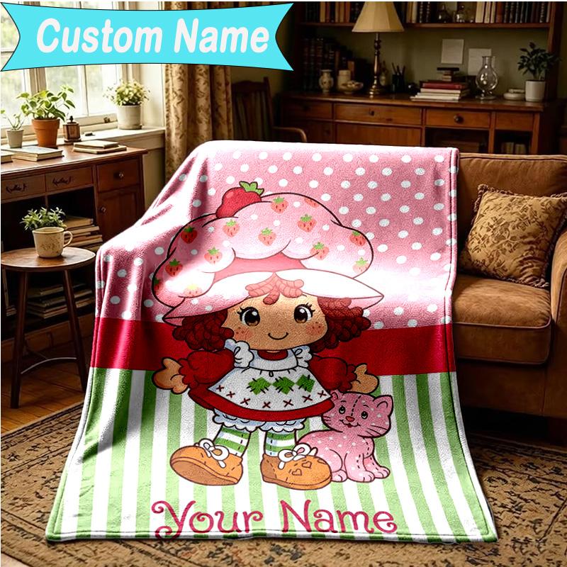 1PC Custom Name Blanket Straw-berry Friends Flannel blankets Patterns Throw Blanket All-Season Soft Gift for Couch, Bed, Camping, Birthday gifts