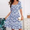 Women's Fashion Summer Spring Short Sleeve Square Collar High Waist Casual Dresses