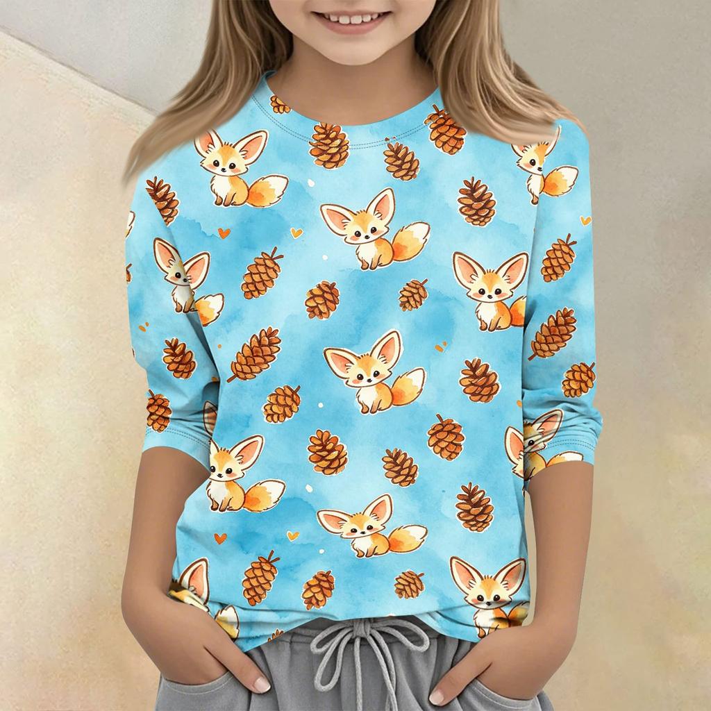 Kids Animal Print Crew Neck Three Quarter Sleeve Casual T Shirt Soft Fabric Comfortable Fit Lightweight Design for Everyday Wear