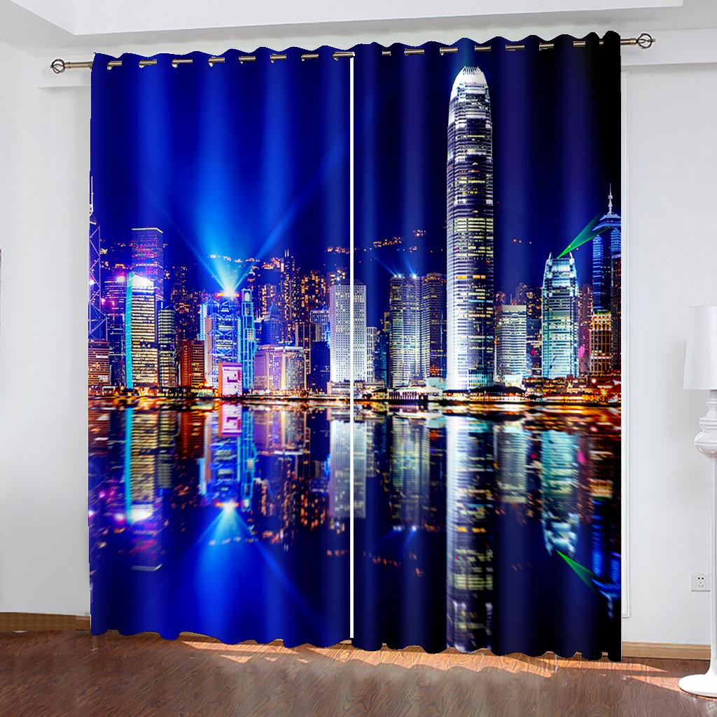 

Городская красота ночью, высотные здания, освещенные шторы, домашняя спальня, гостиная, теневые шторы, комплект из двух штук 50W60H(CM)X2PCS&Rod Pocket