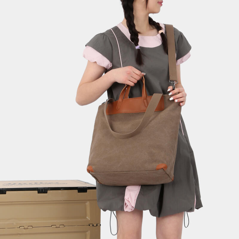 Canvas Tote Bag with Leather Trim and Adjustable Shoulder Strap Stylish Women's Handbag for Daily Use and Work