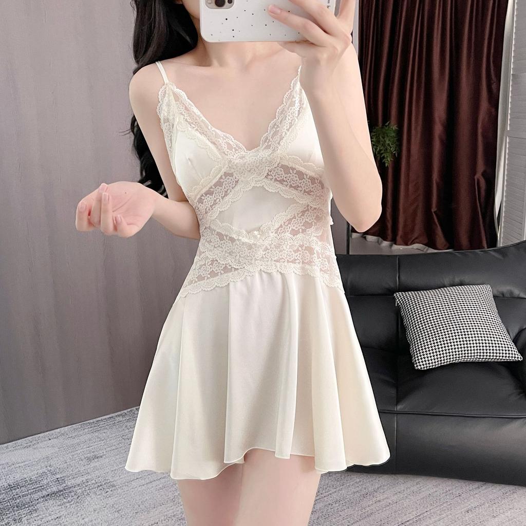 New Live Broadcast Women's Ice Silk Nightdress, Sexy Lace Suspender, Summer Thin Pure Desire Pajamas, Loungewear, Hanging Skirt