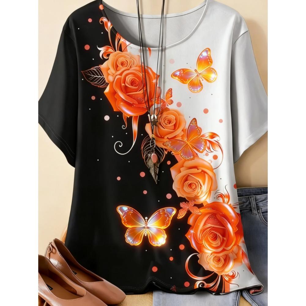 Beautiful Retro Colorful Butterfly Flowers 3D Printed Short Sleeved T-shirt Fashionable Comfortable Soft Breathable Large Loose Summer Womens T-shirt