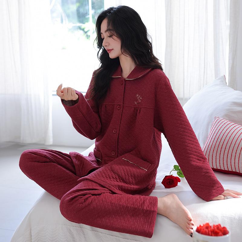 Pajamas Women'S Spring And Autumn Thickened Pure Cotton Interlayer Women'S Air Cotton Thin Cotton Padded Autumn And Winter Mother Loungewear