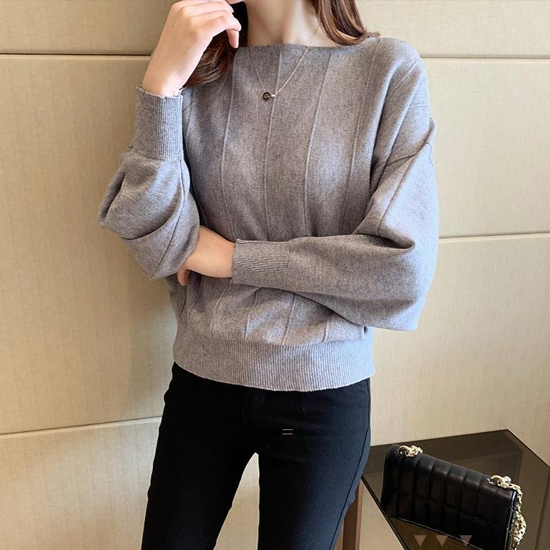 Vertikal gestreifter Strickpullover Damen Herbst Freizeit Fledermausärmel Pullover Damen Locker Einfarbig Langarm Oberteil