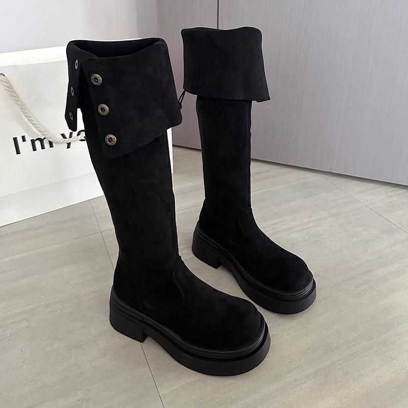 Vintage Platform Thick Heel Women Over The Knee High Boots Fashion Double Fold Wearing Mordern Long Botas Para Mujer