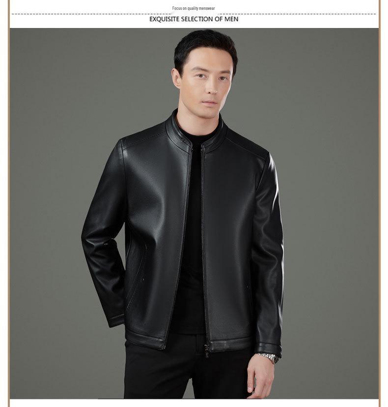 Men's Middle-Aged Business Casual Sheepskin Leather Jacket with Stand Collar and Plus Velvet Lining