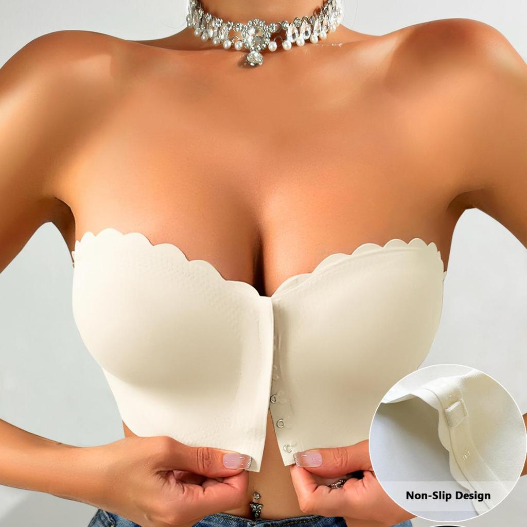 Sutien push-up fără bretele cu închidere frontală cu margine ondulată