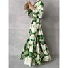 LYRIA Summer Elegant Women Maxi Dresses Fashion Green Print Long Sleeve V Neck Waist Adjustment Long Dress Female Party Vestido