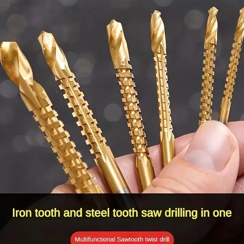 6Pcs HSS Twist Drill Bits Set Titanium Coated Drill Bit 3-8mm Serrated Grooving Spiral Jagged Saw Drill Bit Composite Drill Bits