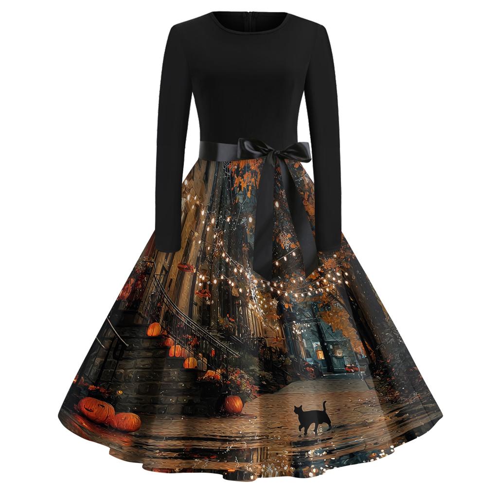 Women's Casual Vintage Halloween Print Dress Long Sleeve Round Neck Retro Style Midi Dress with Waist Tie for Everyday Wear