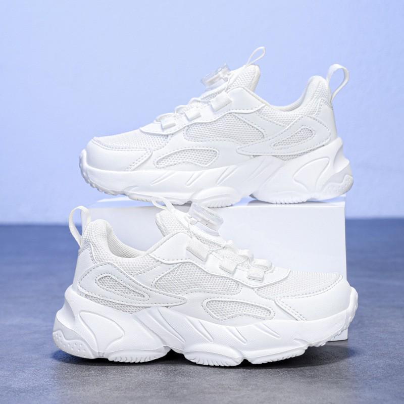 Kids White Mesh Running Shoes With Rotating Buckle Breathable Lightweight Sneakers Boys Girls Daily Wear