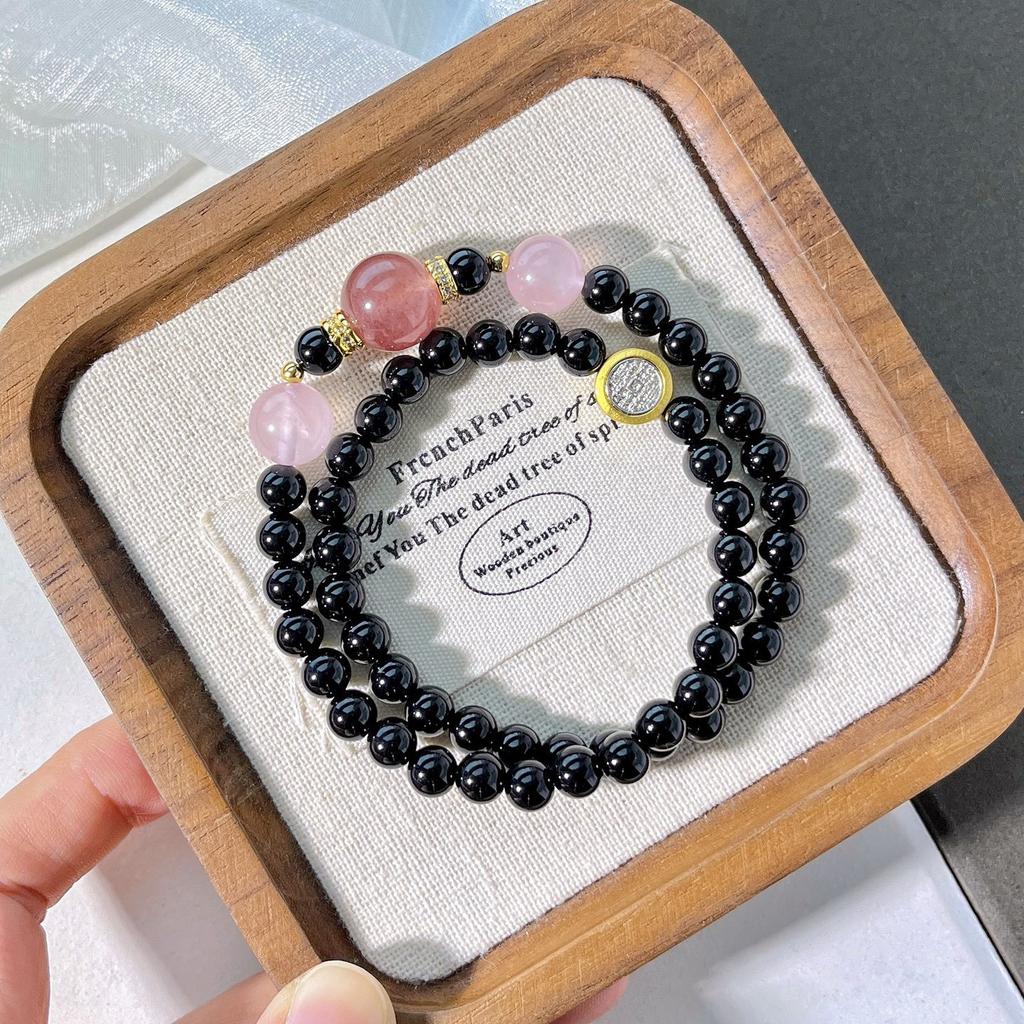 6Mm Natural Black Agate Powder Crystal Strawberry Crystal Multi-Circle Design Bracelet Bracelet