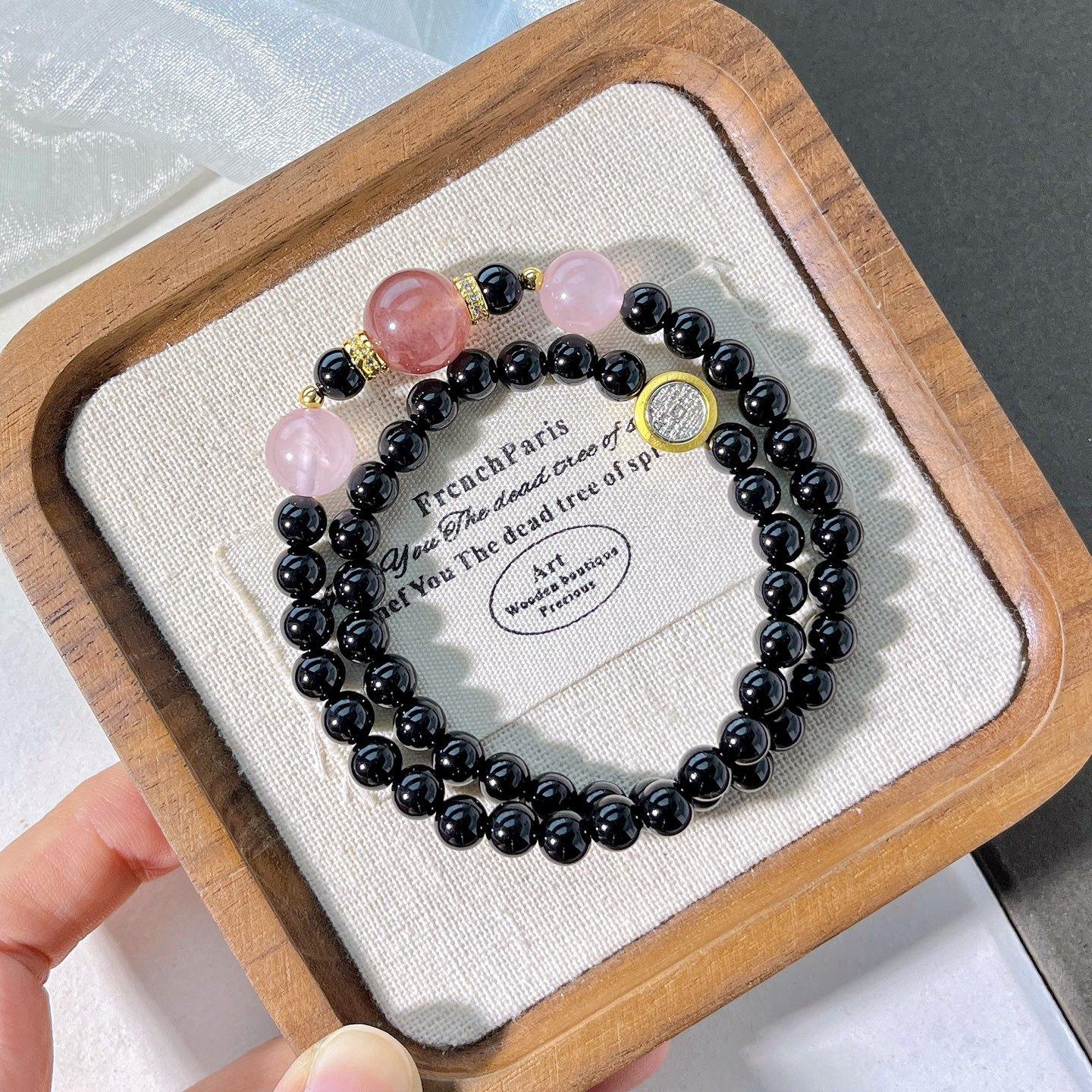 6Mm Natural Black Agate Powder Crystal Strawberry Crystal Multi-Circle Design Bracelet Bracelet
