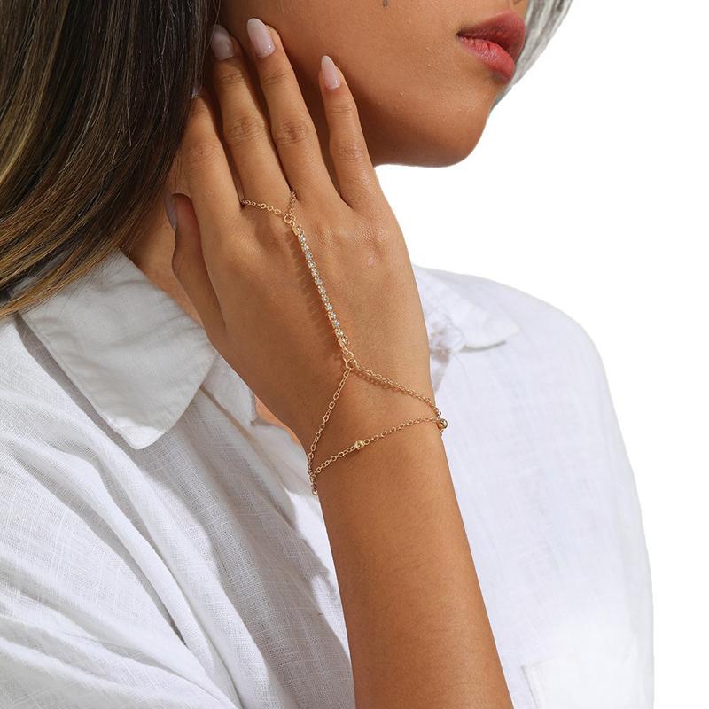Minimalist Thin Chain Connected Finger Ring Bracelets for Women Multilayer Vintage Zircon Link Bangles Party Elegant Jewelry