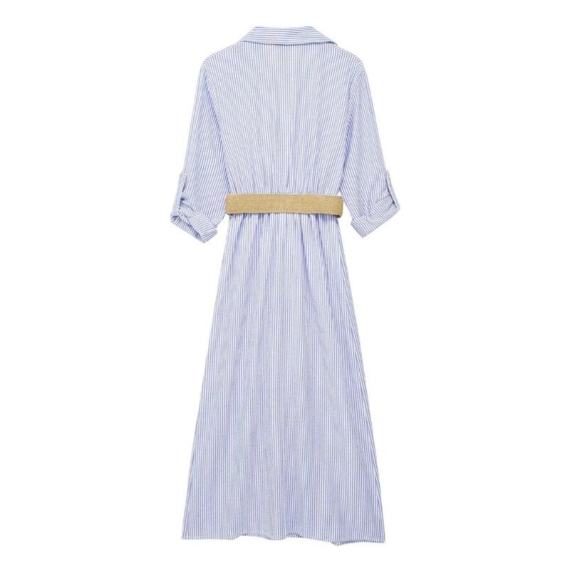 Fashion Style 2024 Spring New Women with Belt Stripes Shirt Style Mid Length Long Length Dress 8351025 044