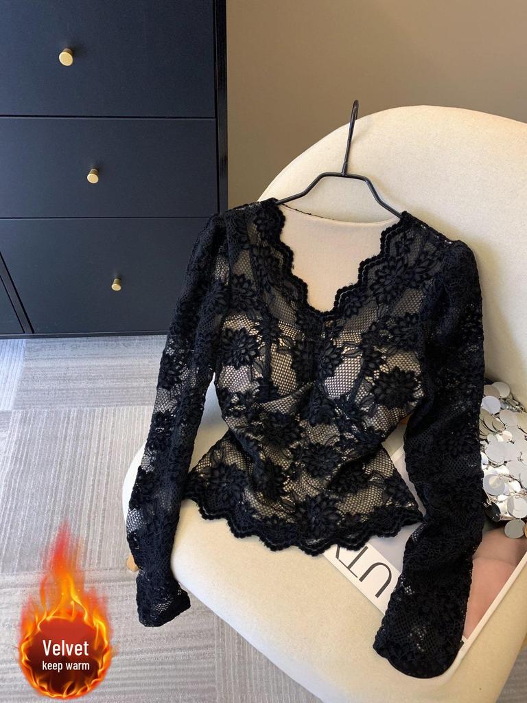 High-Grade Velvet Korean Style Lace Slimming Warm Autumn/Winter Top