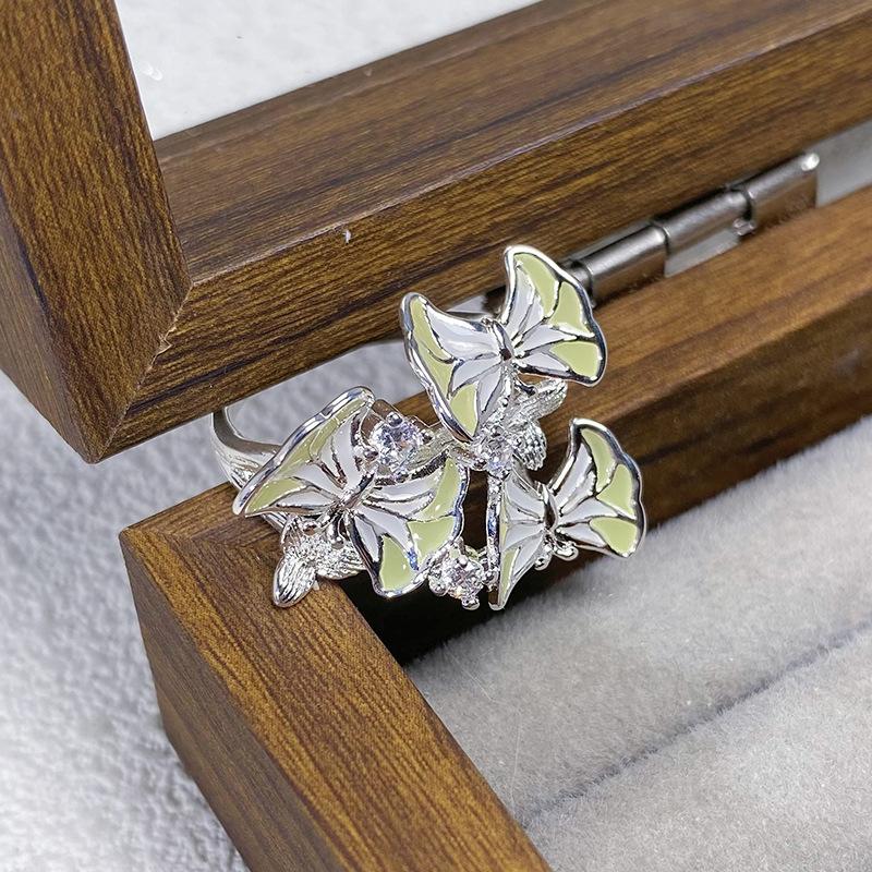 Small Fresh And Cool Enamel Dripping Oil Flower Butterfly Diamond Ring Niche Design Unique High-End Ring Woman
