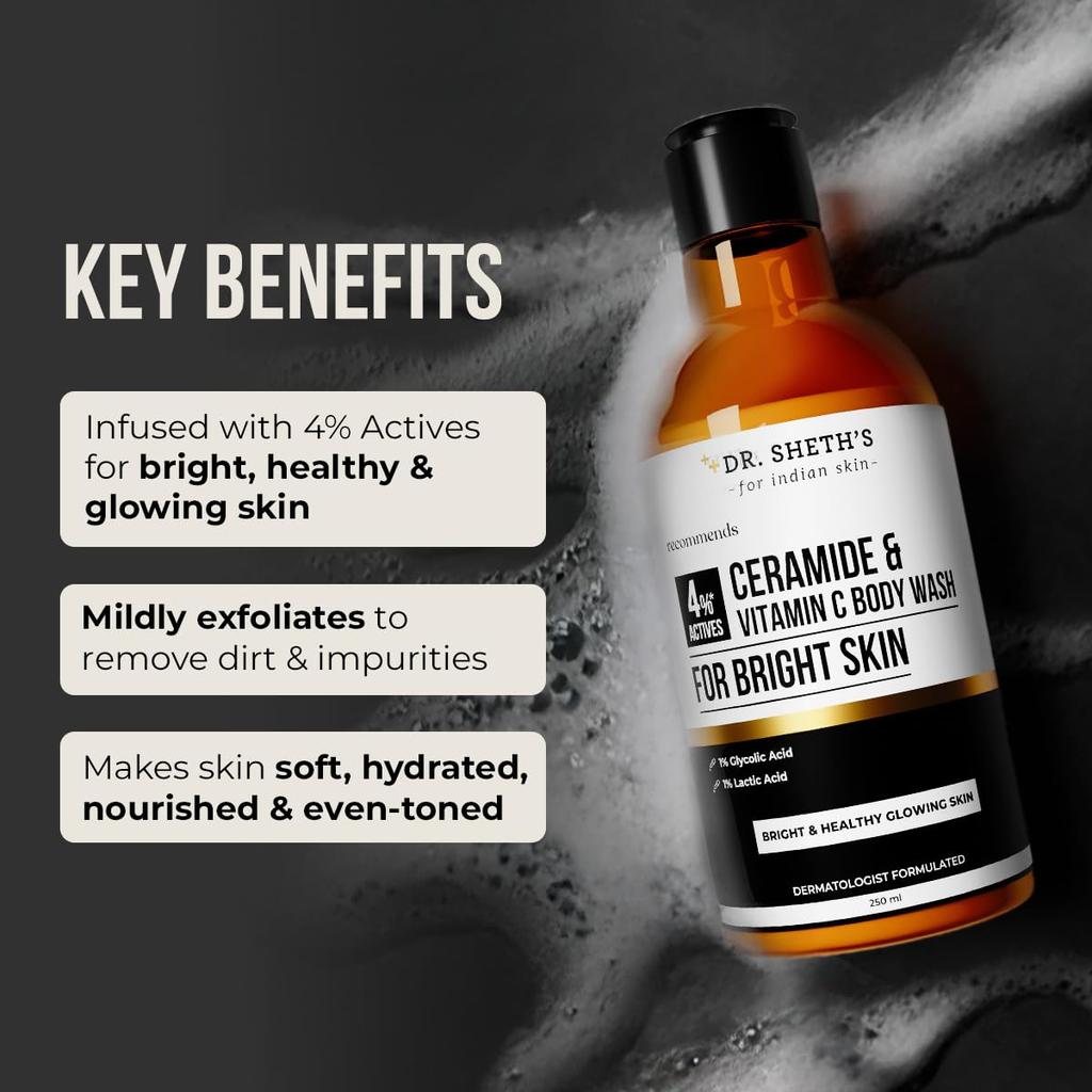 Dr. Sheth's Ceramide & Vitamin C Body Wash 250 ml Pack | Gentle Exfoliating Shower Gel for Bright Glowing Skin