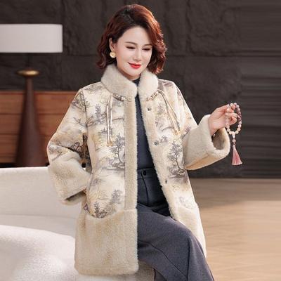 Mom Autumn and Winter New Chinese Woolen Coat Medium and Old Women's Clothing Fleece Thickened Top Woolen Coat