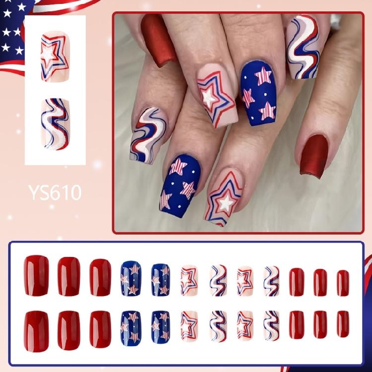 24 Pcs 4th of July Stick on Nail Independence Day Artificial Nail Square Full Cover False Nail Stars Press On Nail
