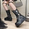 Fashion Heightened Wedge Heel Boots Autumn New Round Toe Studded Metal Buckle Side Zipper Platform Non-Slip Mid-Tube Boots