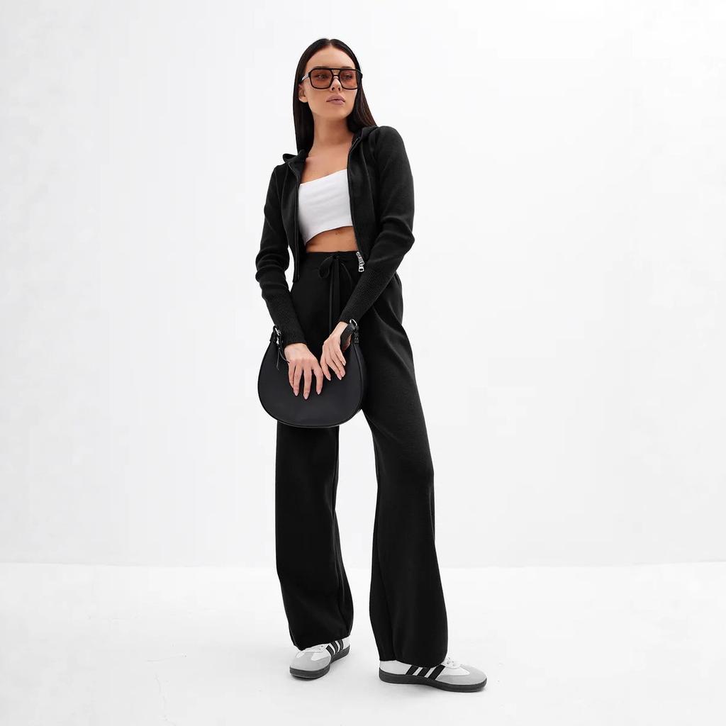 Europe, America autumn and winter new women's fashion suit hooded zipper knitted top thin strap trousers two-piece set women