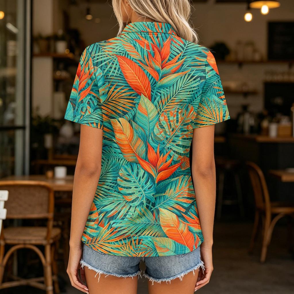 Women's Casual Polo Collar Short Sleeve Top Loose Fit Tropical Leaf Floral Print Shirt Summer Lightweight Blouse