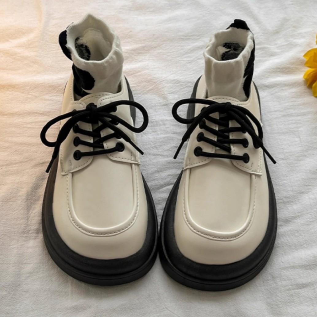 

2025 весна и осень маффин платформа маленькие кожаные туфли женские новые белые британский стиль круглый носок на шнуровке универсальные одинарные туфли 40 бежевый