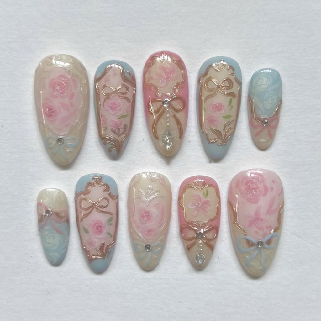 Artistic French Blue Waveing Fake Nail Almond Shapeds ABS Material Comfortable Wear No Tools Required